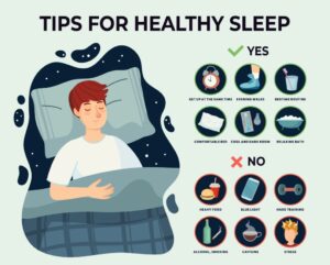 Healthy sleep tips infographics. causes of insomnia, good sleep rules and man sleeps on pillow vector illustration